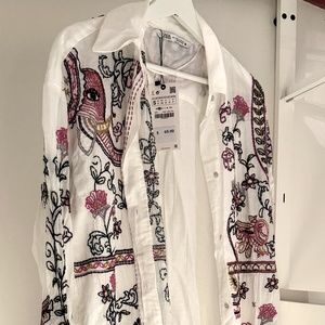 Zara White Cotton Embroidered Shirt Duster in Small NWT